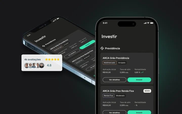 Dois celulares com o app da Grão aberto na tela Investir, listando os fundos ARCA Grão Previdência e ARCA Grão Prev Renda Fixa