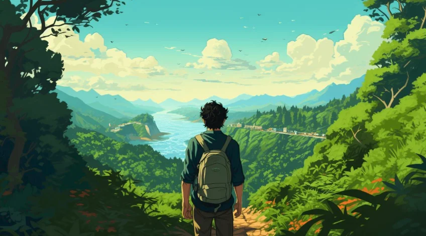 O mundo do Bagtale em pixel art: montanhas, rio e uma trilha